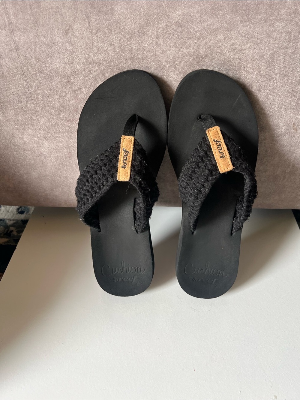 Reef Black Woven Strap Flip Flop Sandals with Tan Logo Tab